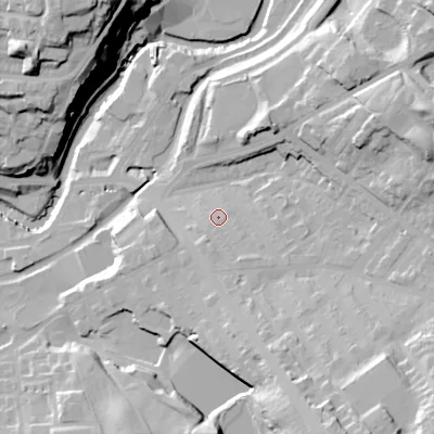 Shaded relief map of the ground around SK152LX, computed from Environment Agency LiDAR. The ground here sits at about 123 m above sea level and falls 49 m across the surrounding 800 m. Surface water reaching this point runs off ground lying to the south-south-east, 13.1 m higher.