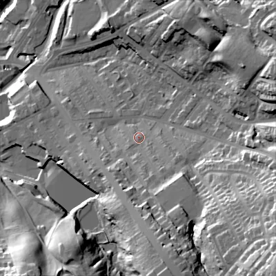 Shaded relief map of the ground around SK152NJ, computed from Environment Agency LiDAR. The ground here sits at about 131 m above sea level and falls 61 m across the surrounding 800 m. Surface water reaching this point runs off ground lying to the south-south-east, 23.9 m higher.