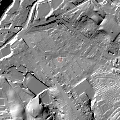 Shaded relief map of the ground around SK152NL, computed from Environment Agency LiDAR. The ground here sits at about 129 m above sea level and falls 56 m across the surrounding 800 m. Surface water reaching this point runs off ground lying to the south-south-east, 26.0 m higher.