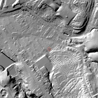 Shaded relief map of the ground around SK152NR, computed from Environment Agency LiDAR. The ground here sits at about 135 m above sea level and falls 75 m across the surrounding 800 m. Surface water reaching this point runs off ground lying to the south-east, 57.3 m higher.