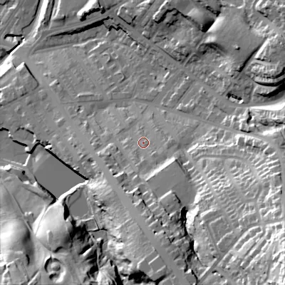 Shaded relief map of the ground around SK152NS, computed from Environment Agency LiDAR. The ground here sits at about 134 m above sea level and falls 67 m across the surrounding 800 m. Surface water reaching this point runs off ground lying to the south-south-east, 20.4 m higher.