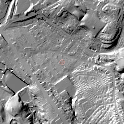 Shaded relief map of the ground around SK152NT, computed from Environment Agency LiDAR. The ground here sits at about 132 m above sea level and falls 72 m across the surrounding 800 m. Surface water reaching this point runs off ground lying to the south-south-east, 10.5 m higher.