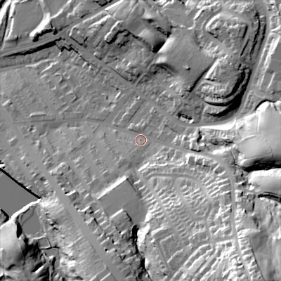 Shaded relief map of the ground around SK152NU, computed from Environment Agency LiDAR. The ground here sits at about 133 m above sea level and falls 68 m across the surrounding 800 m. Surface water reaching this point runs off ground lying to the south-east, 53.5 m higher.