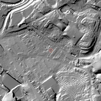 Shaded relief map of the ground around SK152NX, computed from Environment Agency LiDAR. The ground here sits at about 129 m above sea level and falls 64 m across the surrounding 800 m. Surface water reaching this point runs off ground lying to the east-north-east, 2.2 m higher.