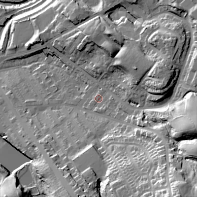 Shaded relief map of the ground around SK152PQ, computed from Environment Agency LiDAR. The ground here sits at about 131 m above sea level and falls 65 m across the surrounding 800 m. Surface water reaching this point runs off ground lying to the south-east, 45.1 m higher.
