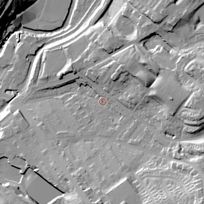 Shaded relief map of the ground around SK152PS, computed from Environment Agency LiDAR. The ground here sits at about 126 m above sea level and falls 51 m across the surrounding 800 m. Surface water reaching this point runs off ground lying to the east, 22.4 m higher.