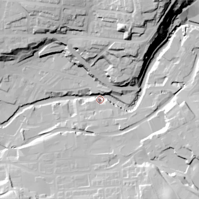 Shaded relief map of the ground around SK152PW, computed from Environment Agency LiDAR. The ground here sits at about 108 m above sea level and falls 55 m across the surrounding 800 m. Surface water reaching this point runs off ground lying to the north-east, 42.4 m higher.