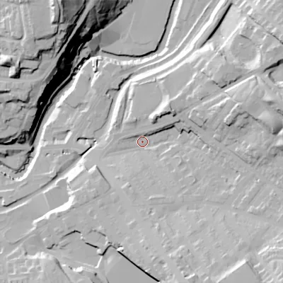Shaded relief map of the ground around SK152PX, computed from Environment Agency LiDAR. The ground here sits at about 120 m above sea level and falls 57 m across the surrounding 800 m. Surface water reaching this point runs off ground lying to the south-east, 25.6 m higher.