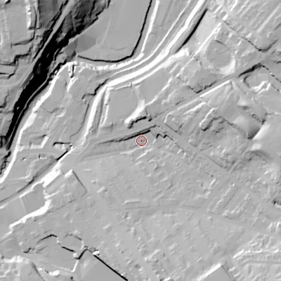 Shaded relief map of the ground around SK152PY, computed from Environment Agency LiDAR. The ground here sits at about 122 m above sea level and falls 57 m across the surrounding 800 m. Surface water reaching this point runs off ground lying to the south-east, 27.1 m higher.