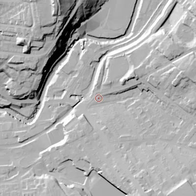 Shaded relief map of the ground around SK152QA, computed from Environment Agency LiDAR. The ground here sits at about 120 m above sea level and falls 57 m across the surrounding 800 m. Surface water reaching this point runs off ground lying to the east-north-east, 12.9 m higher.