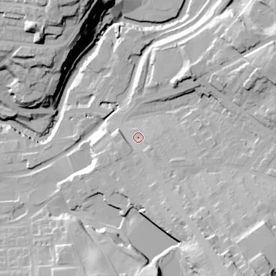 Shaded relief map of the ground around SK152QP, computed from Environment Agency LiDAR. The ground here sits at about 122 m above sea level and falls 49 m across the surrounding 800 m. Surface water reaching this point runs off ground lying to the south-south-east, 12.7 m higher.