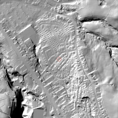 Shaded relief map of the ground around SK152QY, computed from Environment Agency LiDAR. The ground here sits at about 159 m above sea level and falls 100 m across the surrounding 800 m. Surface water reaching this point runs off ground lying to the east-south-east, 24.8 m higher.