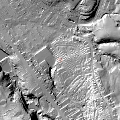 Shaded relief map of the ground around SK152RA, computed from Environment Agency LiDAR. The ground here sits at about 147 m above sea level and falls 90 m across the surrounding 800 m. Surface water reaching this point runs off ground lying to the east-south-east, 15.3 m higher.