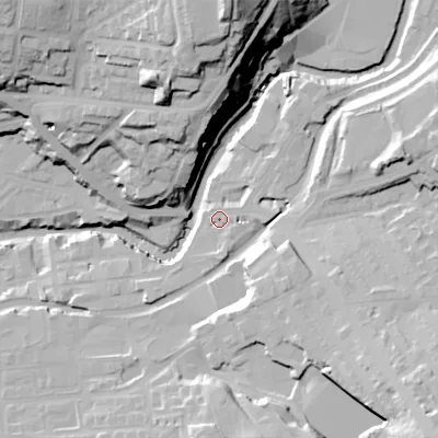 Shaded relief map of the ground around SK153AE, computed from Environment Agency LiDAR. The ground here sits at about 114 m above sea level and falls 56 m across the surrounding 800 m. Surface water reaching this point runs off ground lying to the east, 4.0 m higher.