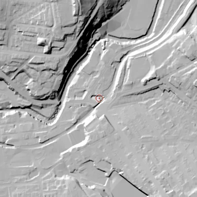 Shaded relief map of the ground around SK153AH, computed from Environment Agency LiDAR. The ground here sits at about 115 m above sea level and falls 58 m across the surrounding 800 m. Surface water reaching this point runs off ground lying to the east-north-east, 18.1 m higher.