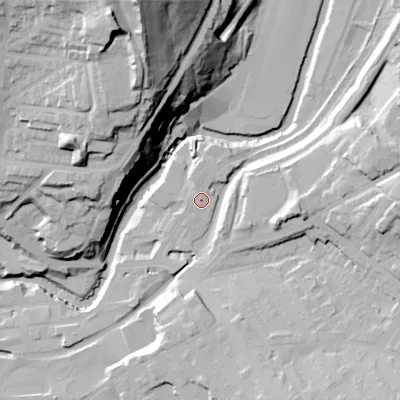 Shaded relief map of the ground around SK153AJ, computed from Environment Agency LiDAR. The ground here sits at about 118 m above sea level and falls 71 m across the surrounding 800 m. Surface water reaching this point runs off ground lying to the north-north-east, 1.6 m higher.