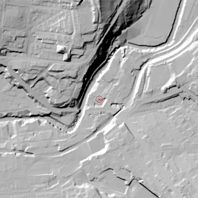 Shaded relief map of the ground around SK153AS, computed from Environment Agency LiDAR. The ground here sits at about 114 m above sea level and falls 61 m across the surrounding 800 m. Surface water reaching this point runs off ground lying to the north-east, 5.4 m higher.
