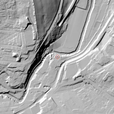 Shaded relief map of the ground around SK153AX, computed from Environment Agency LiDAR. The ground here sits at about 119 m above sea level and falls 83 m across the surrounding 800 m. Surface water reaching this point runs off ground lying to the north-north-west, 30.5 m higher.