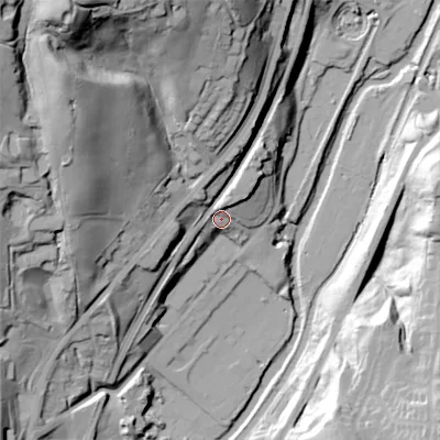 Shaded relief map of the ground around SK153BD, computed from Environment Agency LiDAR. The ground here sits at about 128 m above sea level and falls 77 m across the surrounding 800 m. Surface water reaching this point runs off ground lying to the north, 34.7 m higher.