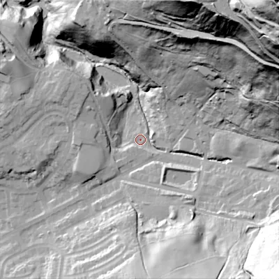 Shaded relief map of the ground around SK153NX, computed from Environment Agency LiDAR. The ground here sits at about 187 m above sea level and falls 165 m across the surrounding 800 m. Surface water reaching this point runs off ground lying to the south-west, 7.1 m higher.