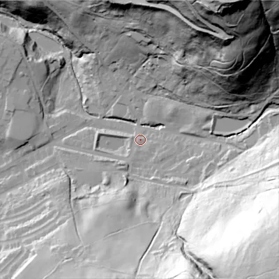 Shaded relief map of the ground around SK153PA, computed from Environment Agency LiDAR. The ground here sits at about 197 m above sea level and falls 153 m across the surrounding 800 m. Surface water reaching this point runs off ground lying to the south-east, 122.8 m higher.