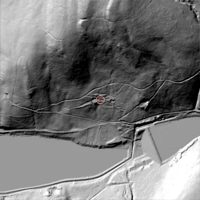 Shaded relief map of the ground around SK153QP, computed from Environment Agency LiDAR. The ground here sits at about 228 m above sea level and falls 191 m across the surrounding 800 m. Surface water reaching this point runs off ground lying to the north, 150.1 m higher.