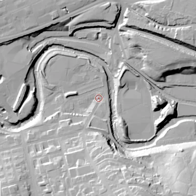 Shaded relief map of the ground around SK164EQ, computed from Environment Agency LiDAR. The ground here sits at about 95 m above sea level and falls 47 m across the surrounding 800 m. Surface water reaching this point runs off ground lying to the south-south-east, 42.1 m higher.
