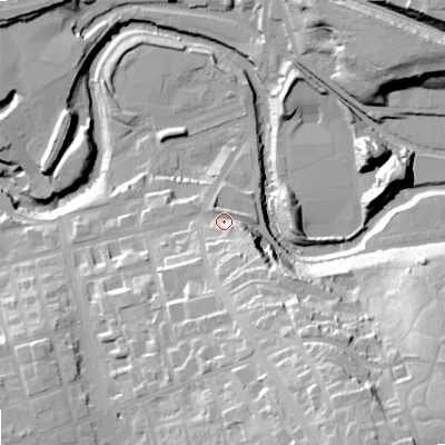 Shaded relief map of the ground around SK164HB, computed from Environment Agency LiDAR. The ground here sits at about 104 m above sea level and falls 56 m across the surrounding 800 m. Surface water reaching this point runs off ground lying to the south-south-east, 16.6 m higher.
