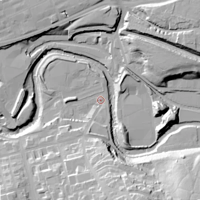 Shaded relief map of the ground around SK164HG, computed from Environment Agency LiDAR. The ground here sits at about 95 m above sea level and falls 46 m across the surrounding 800 m. Surface water reaching this point runs off ground lying to the south-south-west, 8.7 m higher.