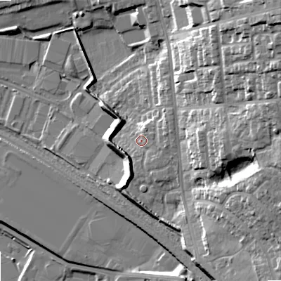 Shaded relief map of the ground around SK164HH, computed from Environment Agency LiDAR. The ground here sits at about 106 m above sea level and falls 40 m across the surrounding 800 m. Surface water reaching this point runs off ground lying to the east-south-east, 3.1 m higher.
