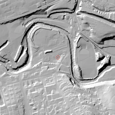 Shaded relief map of the ground around SK164HJ, computed from Environment Agency LiDAR. The ground here sits at about 94 m above sea level and falls 49 m across the surrounding 800 m. Surface water reaching this point runs off ground lying to the south-south-east, 44.1 m higher.