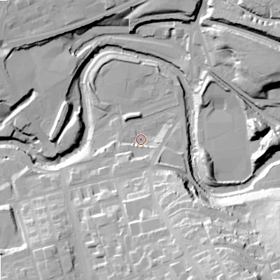 Shaded relief map of the ground around SK164HQ, computed from Environment Agency LiDAR. The ground here sits at about 95 m above sea level and falls 52 m across the surrounding 800 m. Surface water reaching this point runs off ground lying to the south-east, 46.7 m higher.