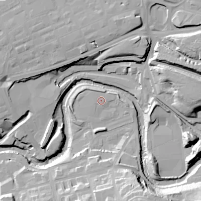 Shaded relief map of the ground around SK164HY, computed from Environment Agency LiDAR. The ground here sits at about 95 m above sea level and falls 33 m across the surrounding 800 m. The ground contributing surface water to this point lies to the west-south-west.
