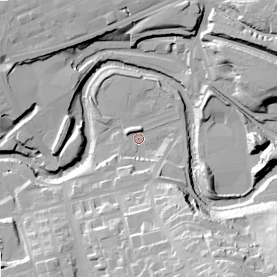 Shaded relief map of the ground around SK164JA, computed from Environment Agency LiDAR. The ground here sits at about 94 m above sea level and falls 48 m across the surrounding 800 m. Surface water reaching this point runs off ground lying to the south-east, 43.3 m higher.