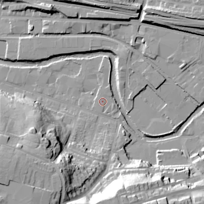 Shaded relief map of the ground around SK165LN, computed from Environment Agency LiDAR. The ground here sits at about 102 m above sea level and falls 40 m across the surrounding 800 m. Surface water reaching this point runs off ground lying to the east-north-east, 1.1 m higher.