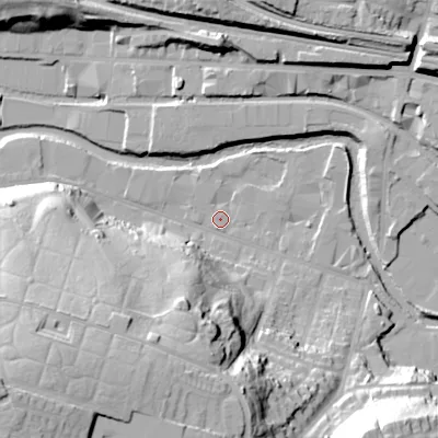 Shaded relief map of the ground around SK165LP, computed from Environment Agency LiDAR. The ground here sits at about 101 m above sea level and falls 48 m across the surrounding 800 m. Surface water reaching this point runs off ground lying to the south-west, 41.9 m higher.