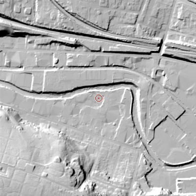 Shaded relief map of the ground around SK165LS, computed from Environment Agency LiDAR. The ground here sits at about 100 m above sea level and falls 44 m across the surrounding 800 m. Surface water reaching this point runs off ground lying to the south, 5.4 m higher.