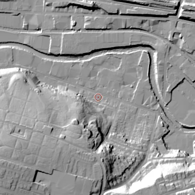 Shaded relief map of the ground around SK165LX, computed from Environment Agency LiDAR. The ground here sits at about 101 m above sea level and falls 47 m across the surrounding 800 m. Surface water reaching this point runs off ground lying to the south-west, 41.6 m higher.