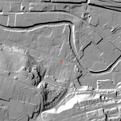 Shaded relief map of the ground around SK165NA, computed from Environment Agency LiDAR. The ground here sits at about 102 m above sea level and falls 41 m across the surrounding 800 m. Surface water reaching this point runs off ground lying to the south-south-west, 31.8 m higher.