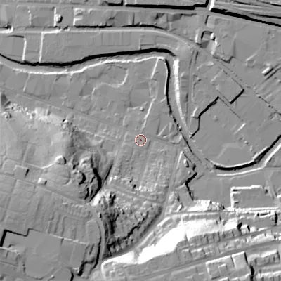 Shaded relief map of the ground around SK165NB, computed from Environment Agency LiDAR. The ground here sits at about 102 m above sea level and falls 42 m across the surrounding 800 m. Surface water reaching this point runs off ground lying to the south-west, 3.3 m higher.