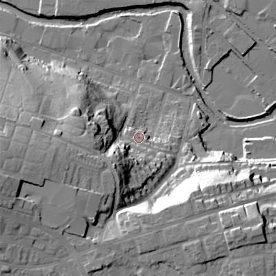 Shaded relief map of the ground around SK165NE, computed from Environment Agency LiDAR. The ground here sits at about 111 m above sea level and falls 44 m across the surrounding 800 m. Surface water reaching this point runs off ground lying to the south-west, 26.4 m higher.