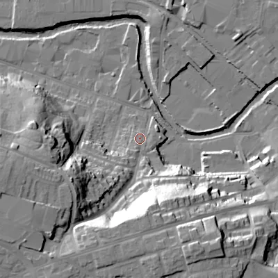 Shaded relief map of the ground around SK165NQ, computed from Environment Agency LiDAR. The ground here sits at about 105 m above sea level and falls 41 m across the surrounding 800 m. Surface water reaching this point runs off ground lying to the south-west, 32.7 m higher.