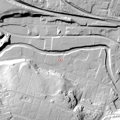 Shaded relief map of the ground around SK165PD, computed from Environment Agency LiDAR. The ground here sits at about 101 m above sea level and falls 48 m across the surrounding 800 m. Surface water reaching this point runs off ground lying to the south-west, 43.5 m higher.