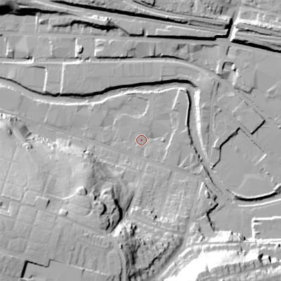 Shaded relief map of the ground around SK165PL, computed from Environment Agency LiDAR. The ground here sits at about 100 m above sea level and falls 45 m across the surrounding 800 m. Surface water reaching this point runs off ground lying to the south, 5.4 m higher.