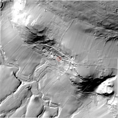 Shaded relief map of the ground around SK170AB, computed from Environment Agency LiDAR. The ground here sits at about 262 m above sea level and falls 154 m across the surrounding 800 m. Surface water reaching this point runs off ground lying to the north-east, 121.2 m higher.