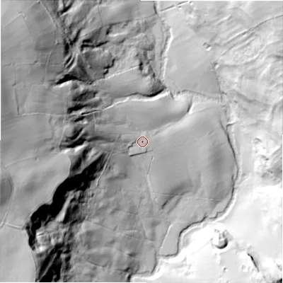 Shaded relief map of the ground around SK170AD, computed from Environment Agency LiDAR. The ground here sits at about 240 m above sea level and falls 100 m across the surrounding 800 m. Surface water reaching this point runs off ground lying to the west, 77.6 m higher.