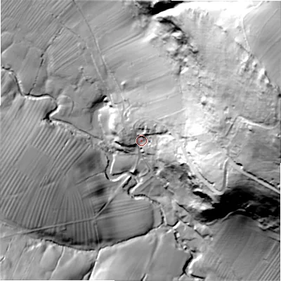 Shaded relief map of the ground around SK170DB, computed from Environment Agency LiDAR. The ground here sits at about 255 m above sea level and falls 148 m across the surrounding 800 m. Surface water reaching this point runs off ground lying to the east-north-east, 133.3 m higher.