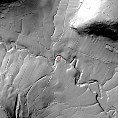 Shaded relief map of the ground around SK170EN, computed from Environment Agency LiDAR. The ground here sits at about 257 m above sea level and falls 115 m across the surrounding 800 m. Surface water reaching this point runs off ground lying to the north-east, 109.8 m higher.