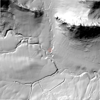 Shaded relief map of the ground around SK170EW, computed from Environment Agency LiDAR. The ground here sits at about 264 m above sea level and falls 119 m across the surrounding 800 m. Surface water reaching this point runs off ground lying to the north-east, 114.8 m higher.