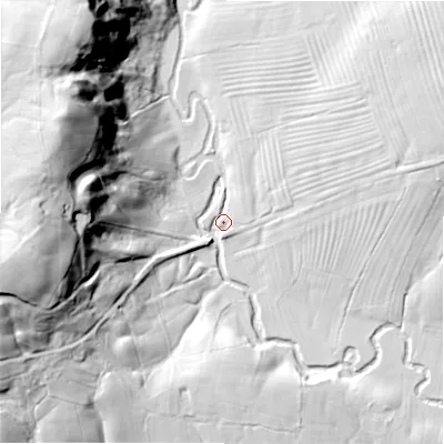Shaded relief map of the ground around SK170HL, computed from Environment Agency LiDAR. The ground here sits at about 215 m above sea level and falls 54 m across the surrounding 800 m. Surface water reaching this point runs off ground lying to the east-north-east, 14.1 m higher.